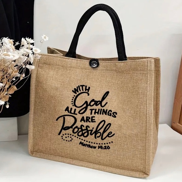 Inspirational “All Things Are Possible “Burlap Tote Bag Khaki with Coin Purse - Picture 3 of 4